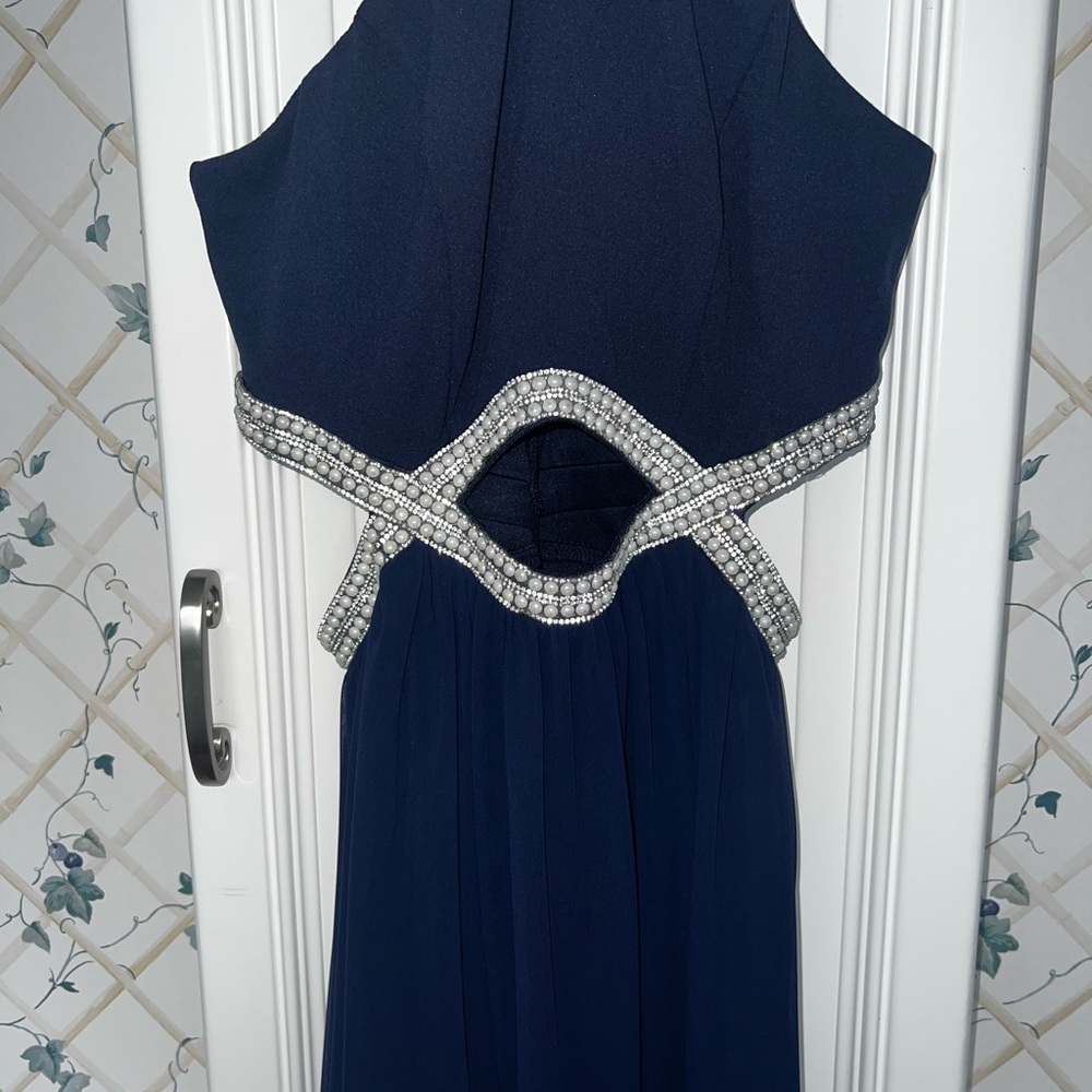 CLEARANCE Women’s Size 3 Navy Blue Full Length Cut Out Prom Dress W Faux Pearls - Picture 8 of 15